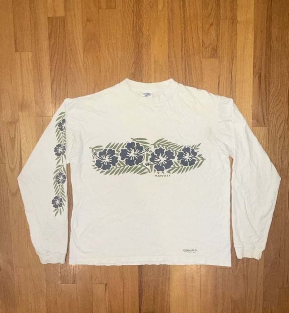 Vtg Crazy Shirts M Hawaii Original White Tropical Floral Long Sleeve Graphic
